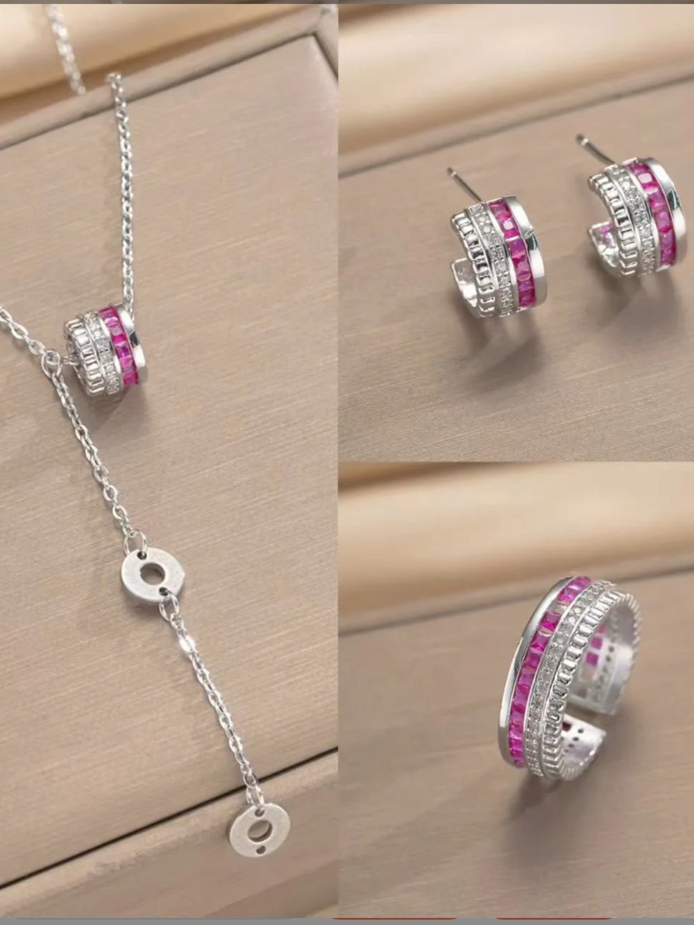 18K White Gold Plated Pink CZ Inlay Hoop Necklace, Ring & Stud Earring Set-NWOT